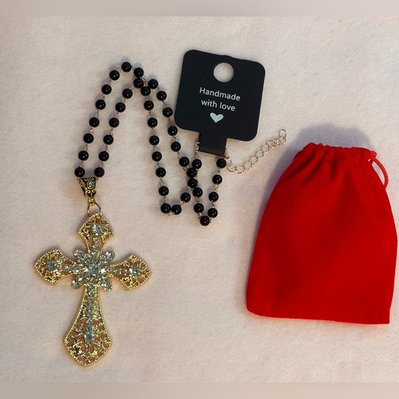 Gold Tone Gothic Statement Cross Charm Rosary Choker Necklace Choker Black Beads - Picture 4 of 12